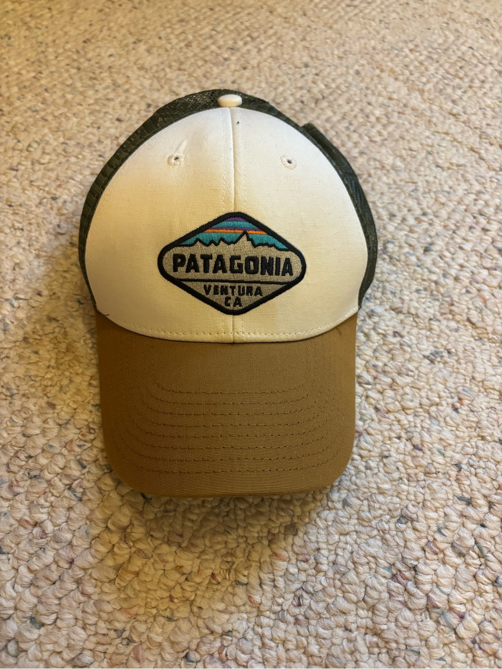 Patagonia Kids Trucker Hat in White and Brown with Embroidered Logo